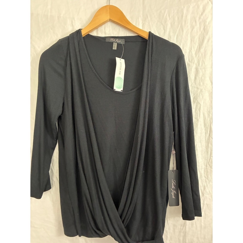 Laila Jayde‎ Dorsi Front Drape Ribbed Knit Top Womens M Black Long Sleeve NEW